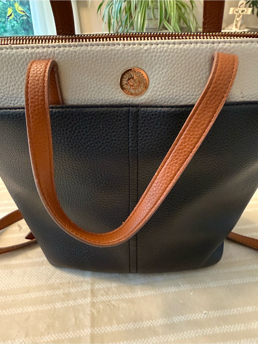 Anne Klein Two-Tone Leather Tote Bag with Tan Handles